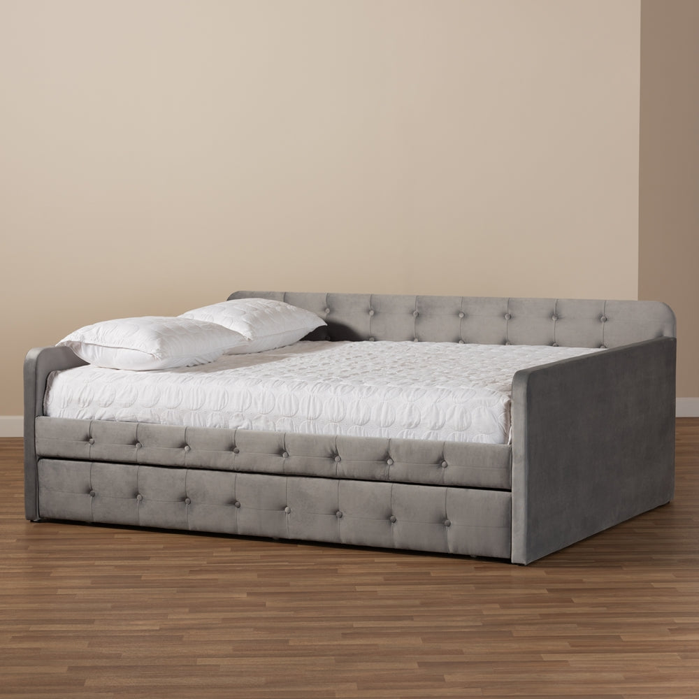 Jona Grey Velvet Fabric and Button Tufted Full Size Daybed with Trundle