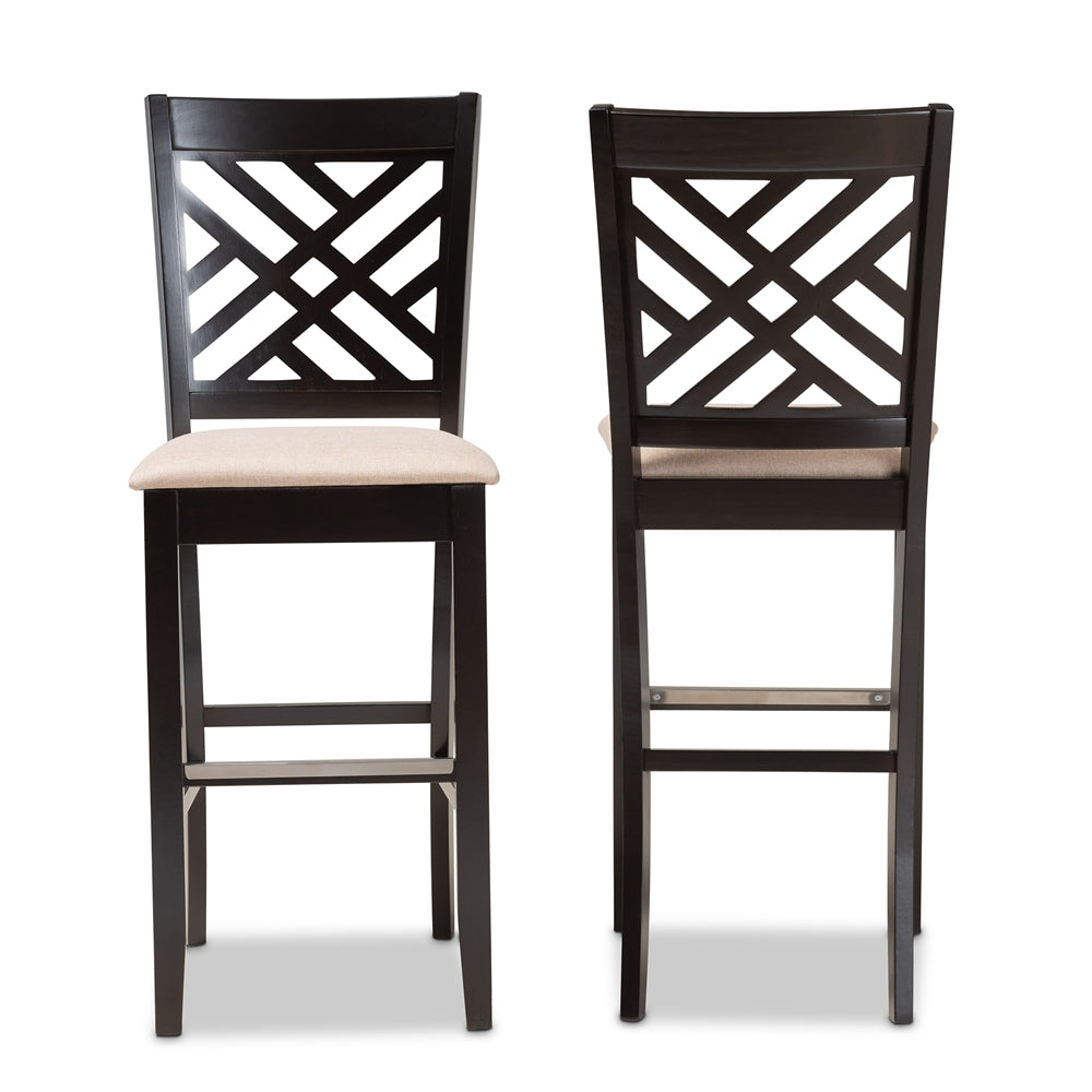 Jason Modern and Contemporary Sand Fabric Upholstered and Espresso Brown Finished Wood 2-Piece Bar Stool Set