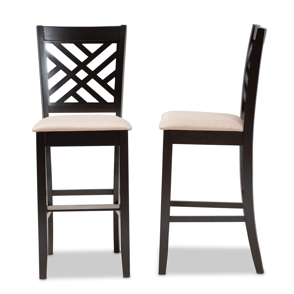 Jason Modern and Contemporary Sand Fabric Upholstered and Espresso Brown Finished Wood 2-Piece Bar Stool Set