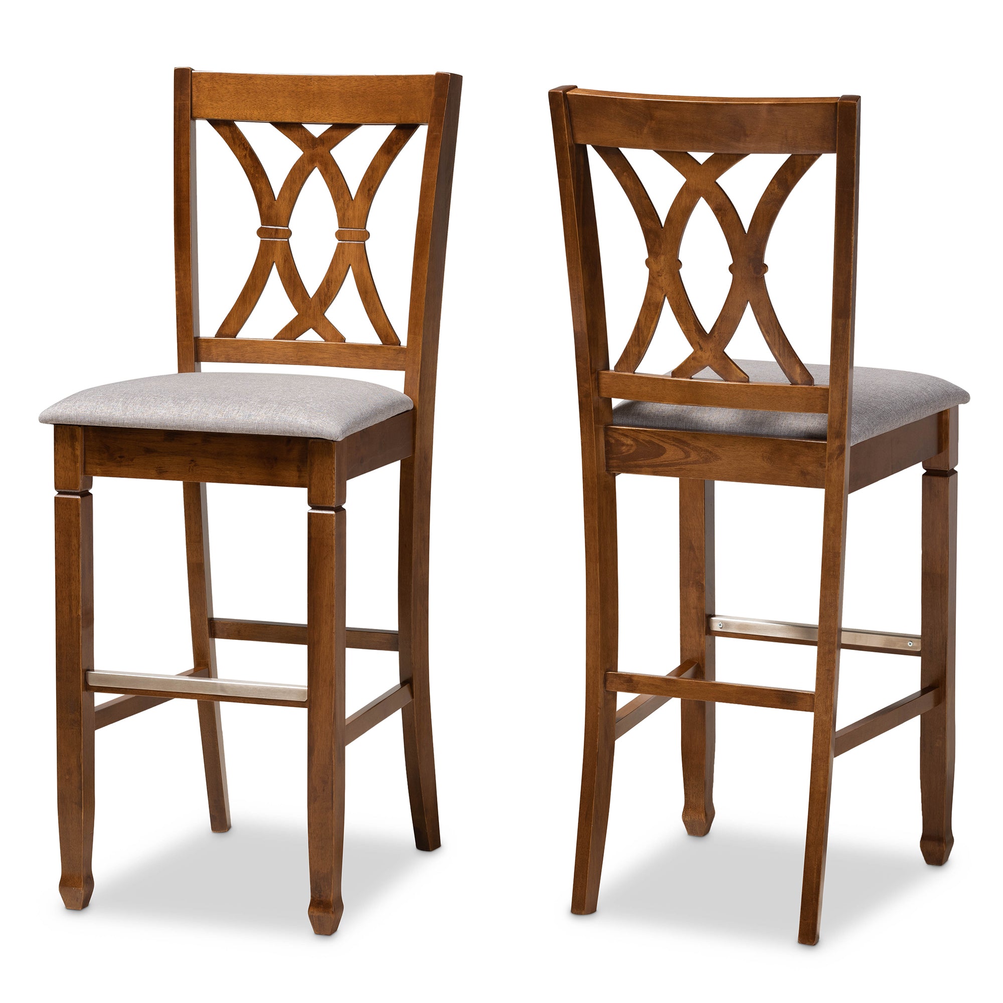Calista Modern and Contemporary Grey Fabric Upholstered and Walnut Brown Finished Wood 2-Piece Bar Stool Set
