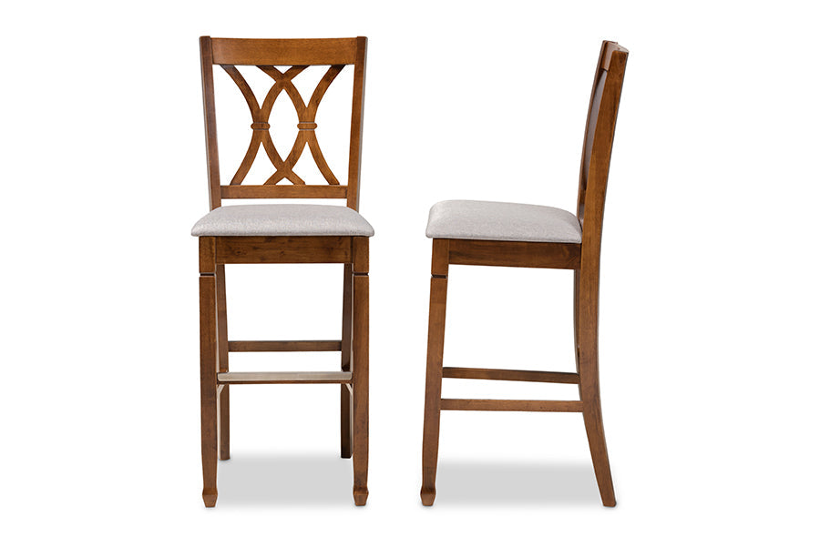 Calista Modern and Contemporary Grey Fabric Upholstered and Walnut Brown Finished Wood 2-Piece Bar Stool Set