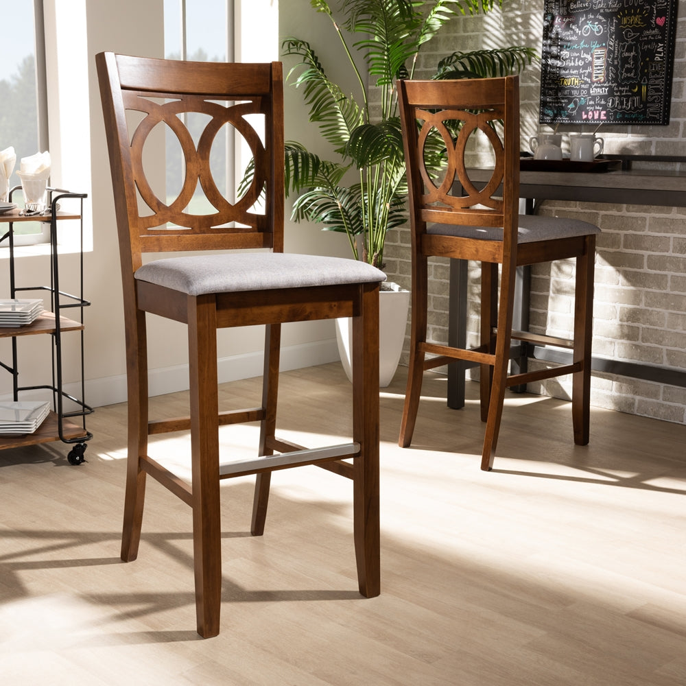 Carson Modern and Contemporary Grey Fabric Upholstered and Walnut Brown Finished Wood 2-Piece Bar Stool Set