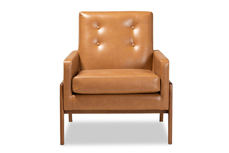 Perris Mid-Century Modern Tan Faux Leather Upholstered and Walnut Brown Finished Wood Lounge Chair