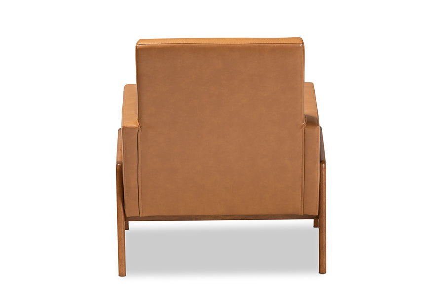 Perris Mid-Century Modern Tan Faux Leather Upholstered and Walnut Brown Finished Wood Lounge Chair