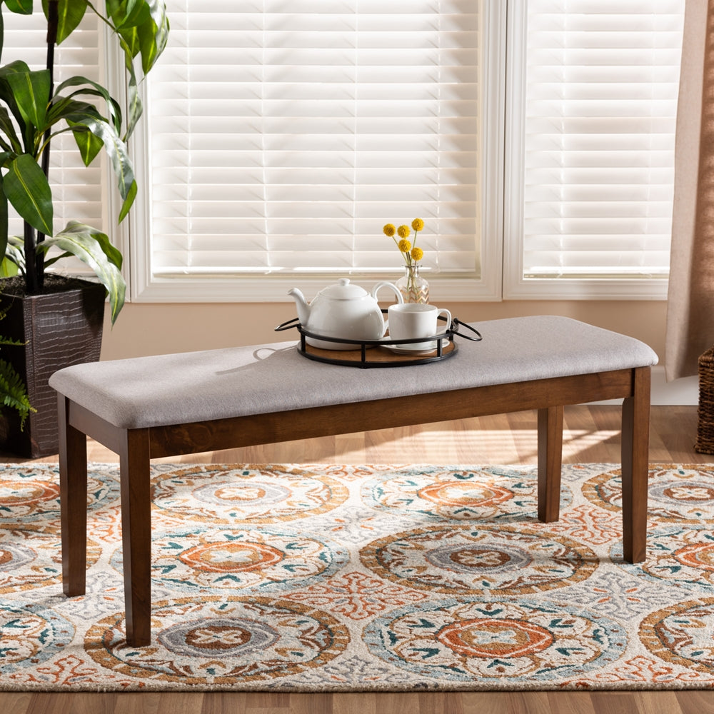 Teresa Modern and Contemporary Transitional Grey Fabric Upholstered and Walnut Brown Finished Wood Dining Bench
