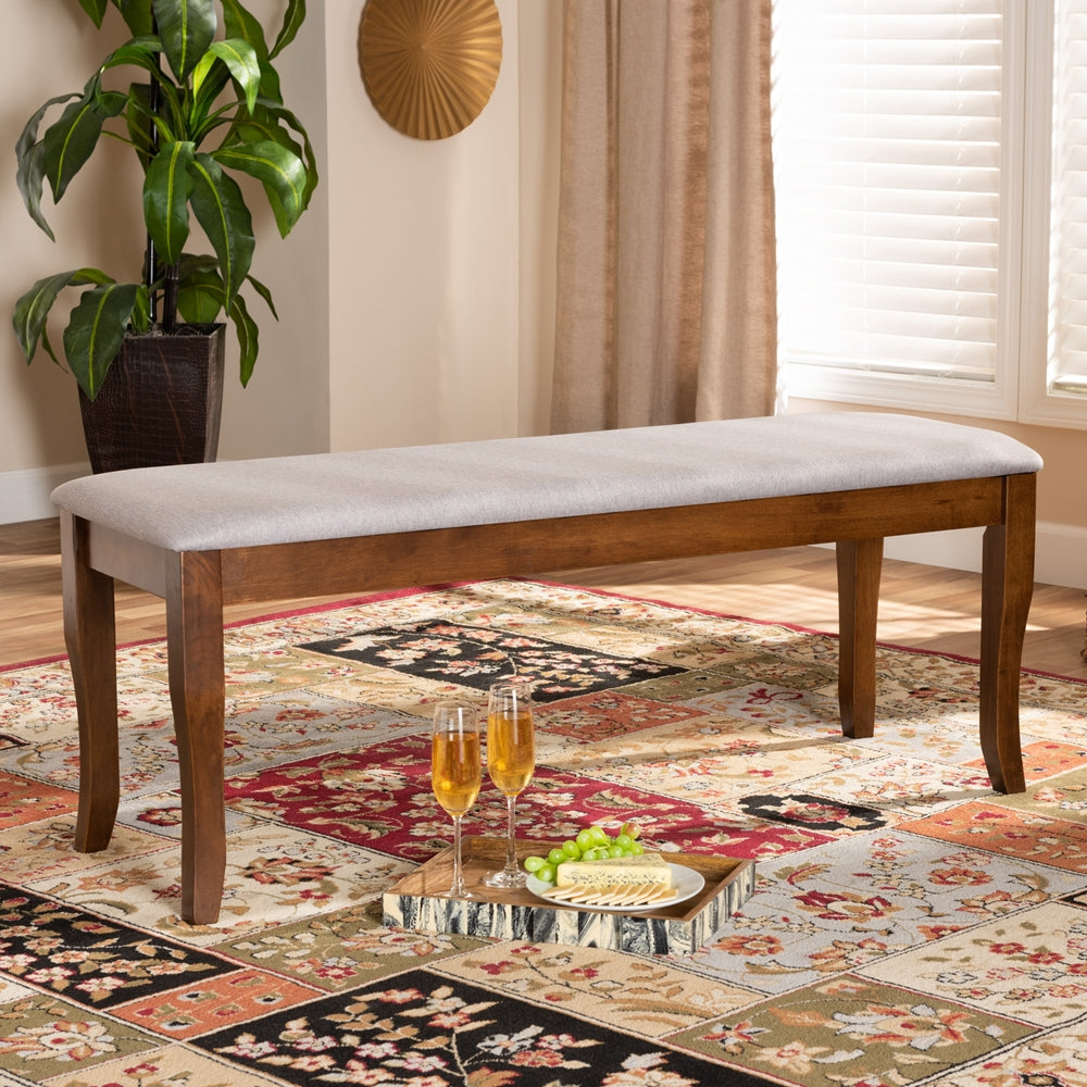 Cornelie Modern and Contemporary Transitional Grey Fabric Upholstered and Walnut Brown Finished Wood Dining Bench