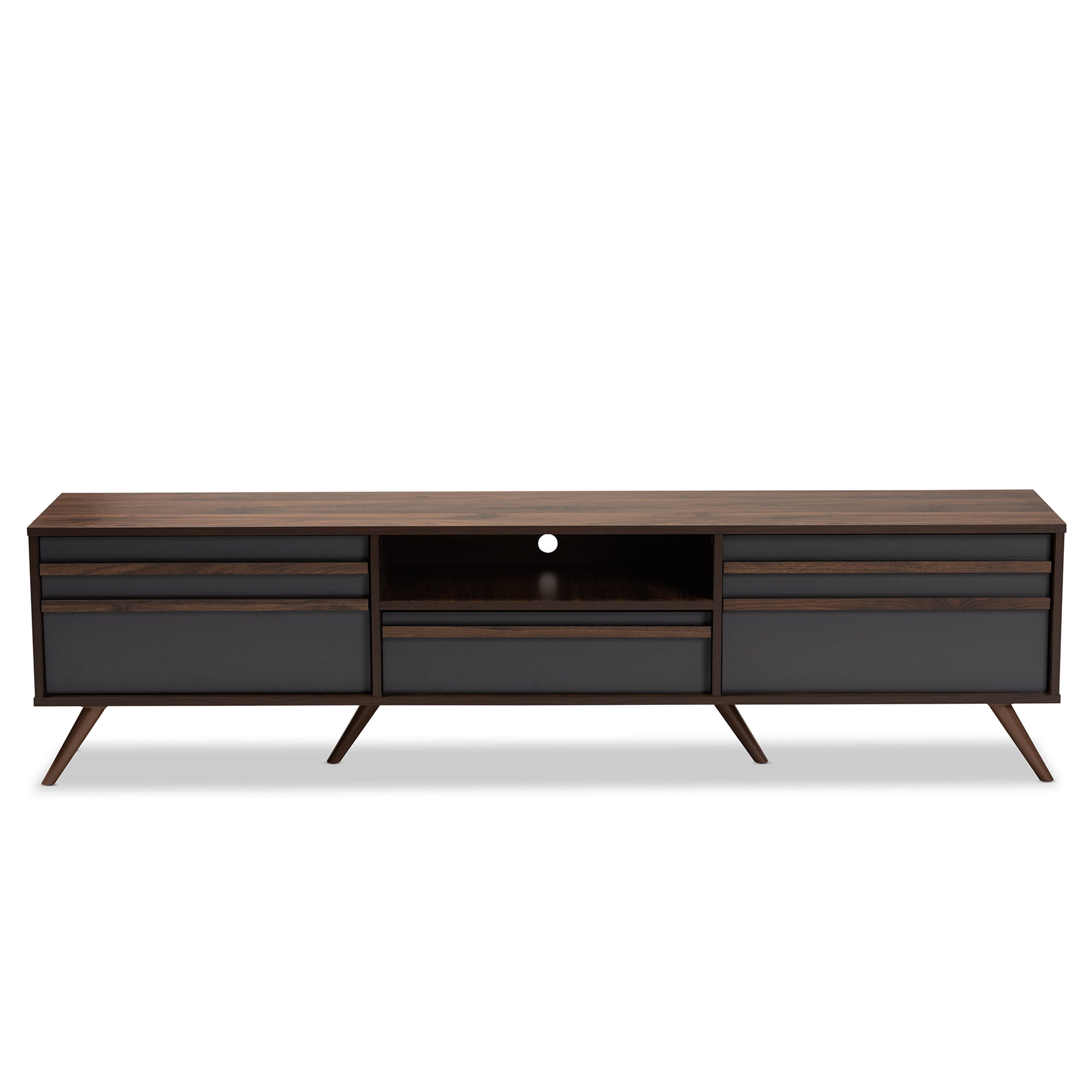 Naoki Modern and Contemporary Two-Tone Grey and Walnut Finished Wood TV Stand with Drop-Down Compartments