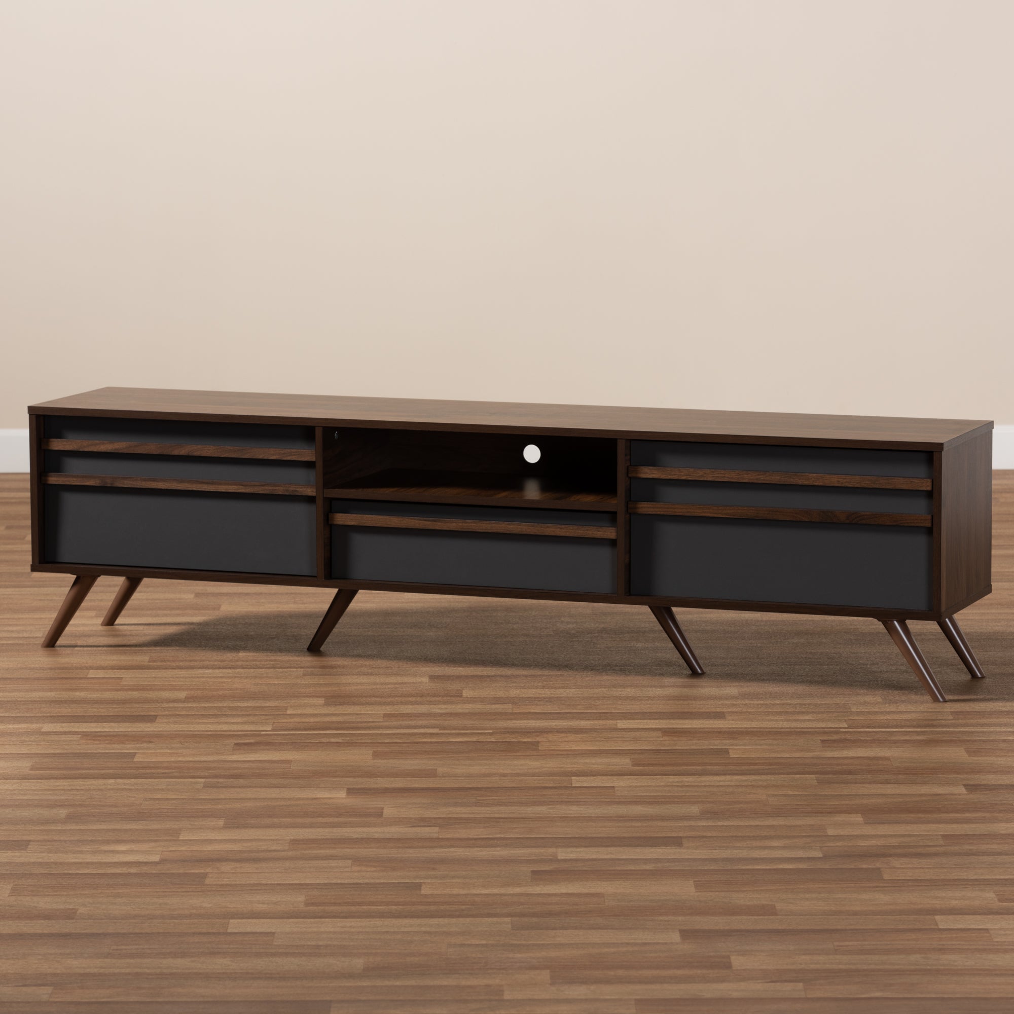 Naoki Modern and Contemporary Two-Tone Grey and Walnut Finished Wood TV Stand with Drop-Down Compartments