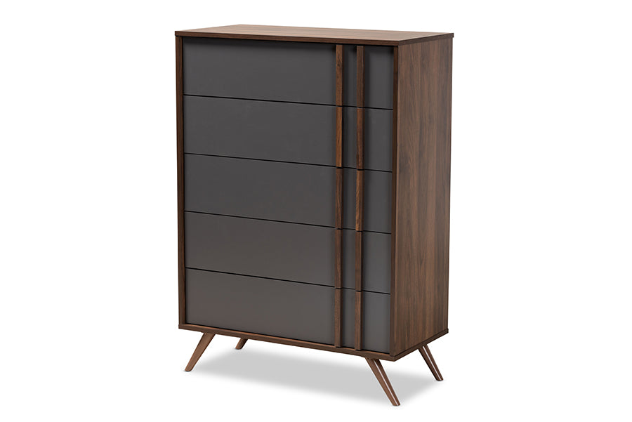 Naoki Modern and Contemporary Two-Tone Grey and Walnut Finished Wood 5-Drawer Bedroom Chest