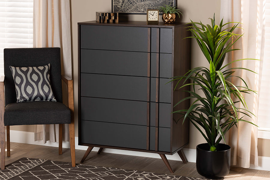 Naoki Modern and Contemporary Two-Tone Grey and Walnut Finished Wood 5-Drawer Bedroom Chest