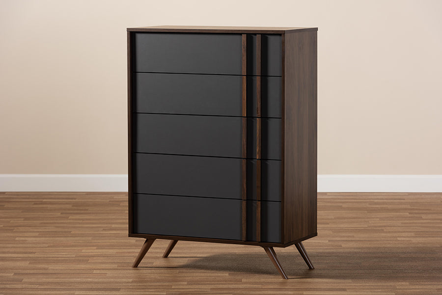 Naoki Modern and Contemporary Two-Tone Grey and Walnut Finished Wood 5-Drawer Bedroom Chest