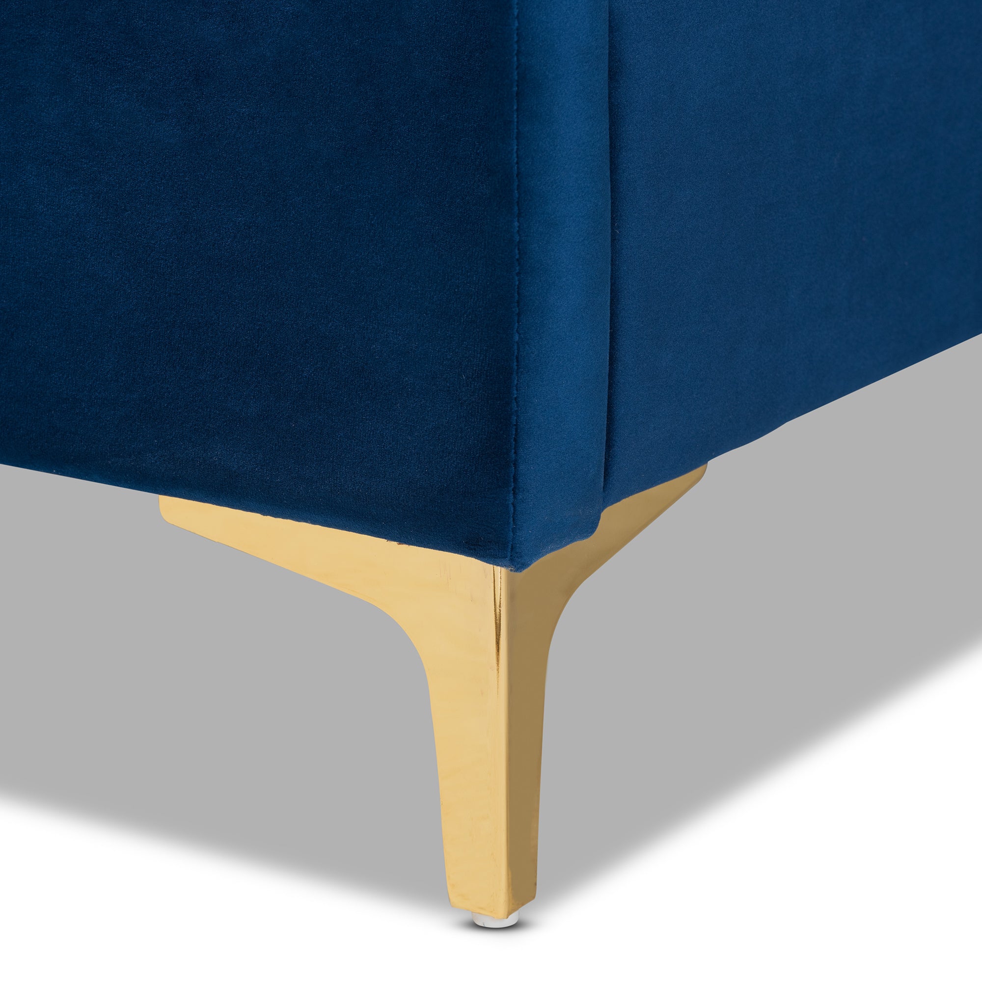 Fabrico Contemporary Queen Size Platform Bed Upholstered in Navy Blue Velvet Fabric with Gold Metal