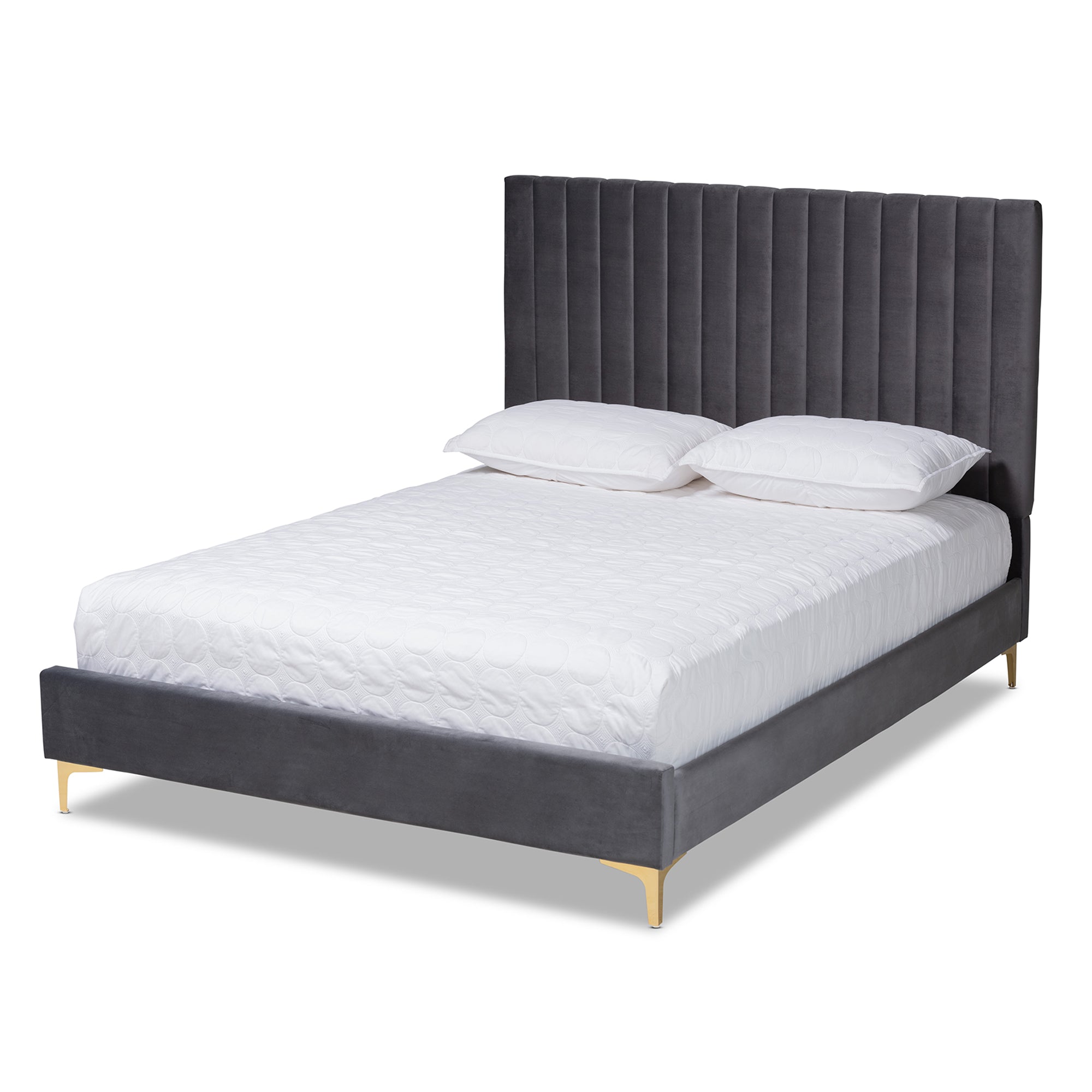 Baxton Studio Serrano Contemporary Glam and Luxe Grey Velvet Fabric Upholstered and Gold Metal Full Size Platform Bed