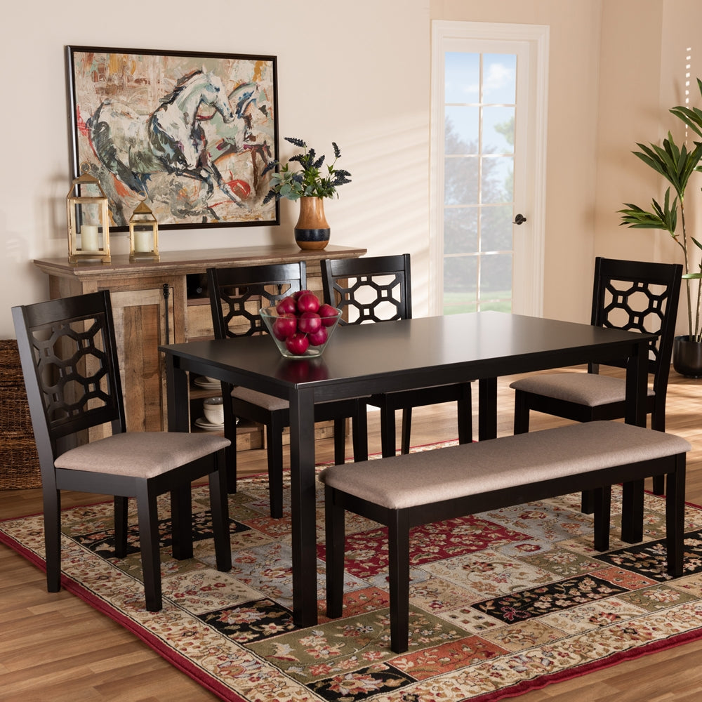 Gabriel Modern and Contemporary Sand Fabric Upholstered and Dark Brown Finished Wood 6-Piece Dining Set