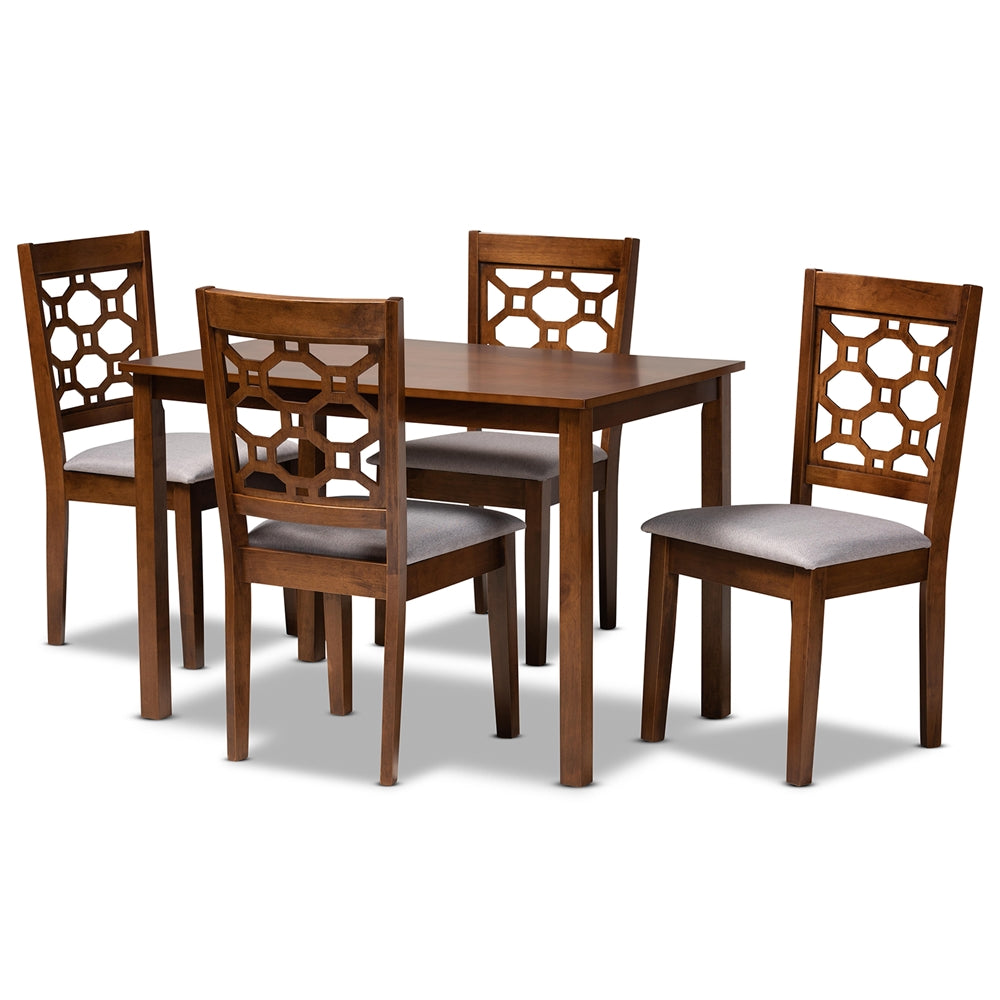 Henry Modern and Contemporary Grey Fabric Upholstered and Walnut Brown Finished Wood 5-Piece Dining Set