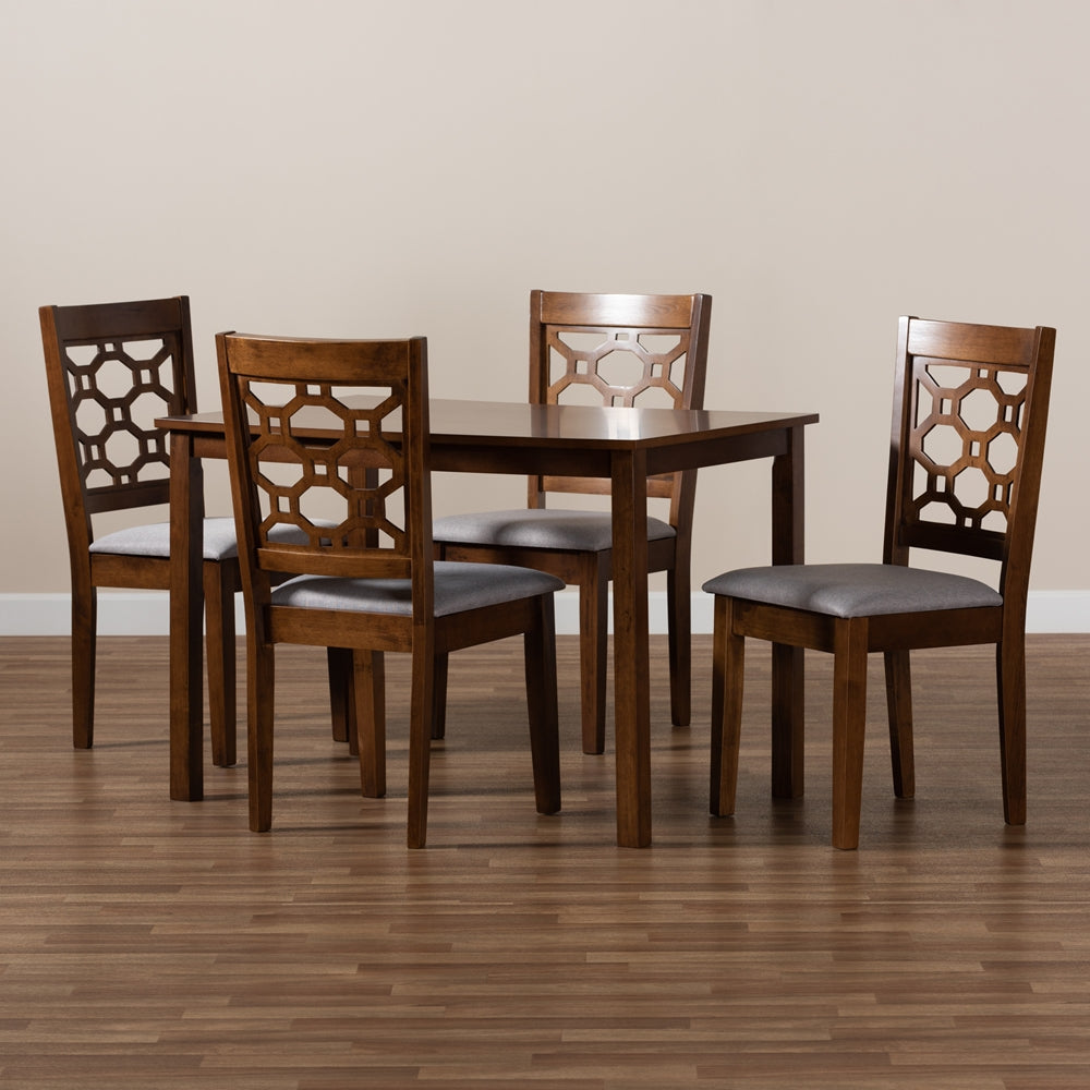 Henry Modern and Contemporary Grey Fabric Upholstered and Walnut Brown Finished Wood 5-Piece Dining Set