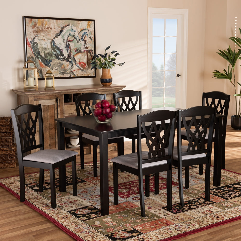 Salem Modern and Contemporary Grey Fabric Upholstered and Dark Brown Finished Wood 7-Piece Dining Set