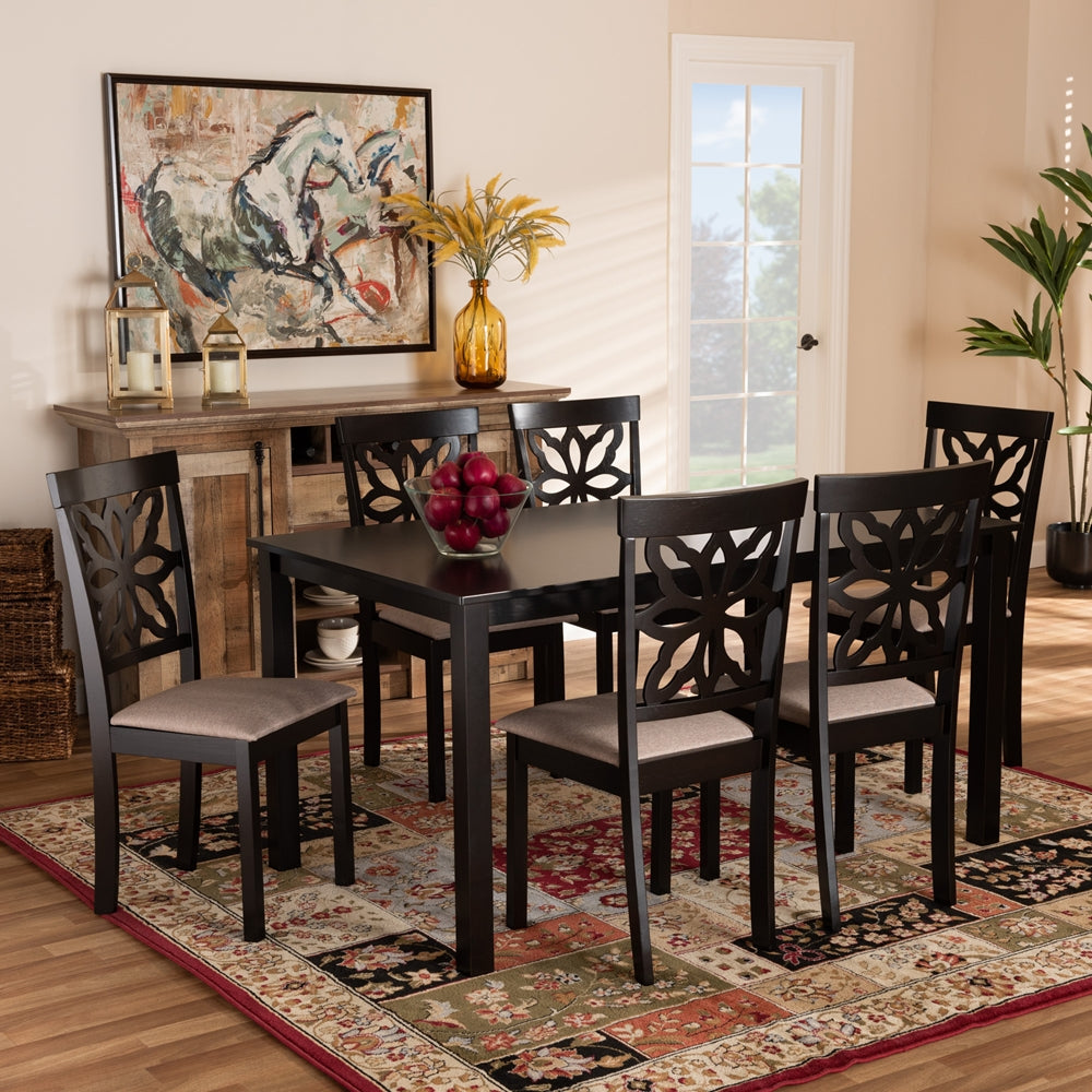 Dallas Modern and Contemporary Sand Fabric Upholstered and Dark Brown Finished Wood 7-Piece Dining Set
