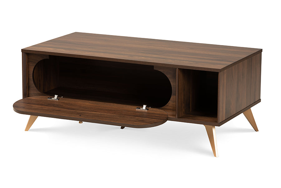 Edel Mid-Century Modern Walnut Brown and Gold Finished Wood Coffee Table