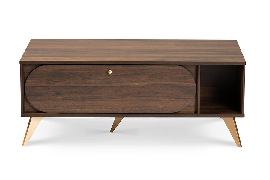 Edel Mid-Century Modern Walnut Brown and Gold Finished Wood Coffee Table