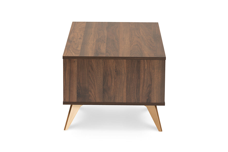 Edel Mid-Century Modern Walnut Brown and Gold Finished Wood Coffee Table