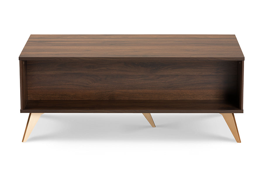 Edel Mid-Century Modern Walnut Brown and Gold Finished Wood Coffee Table