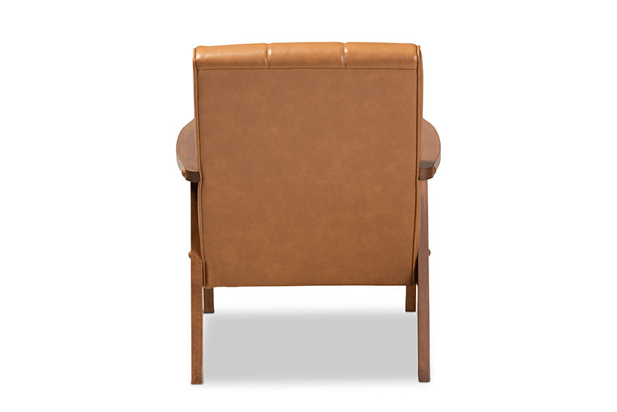Nikko Mid-century Modern Tan Faux Leather Upholstered and Walnut Brown finished Wood Lounge Chair