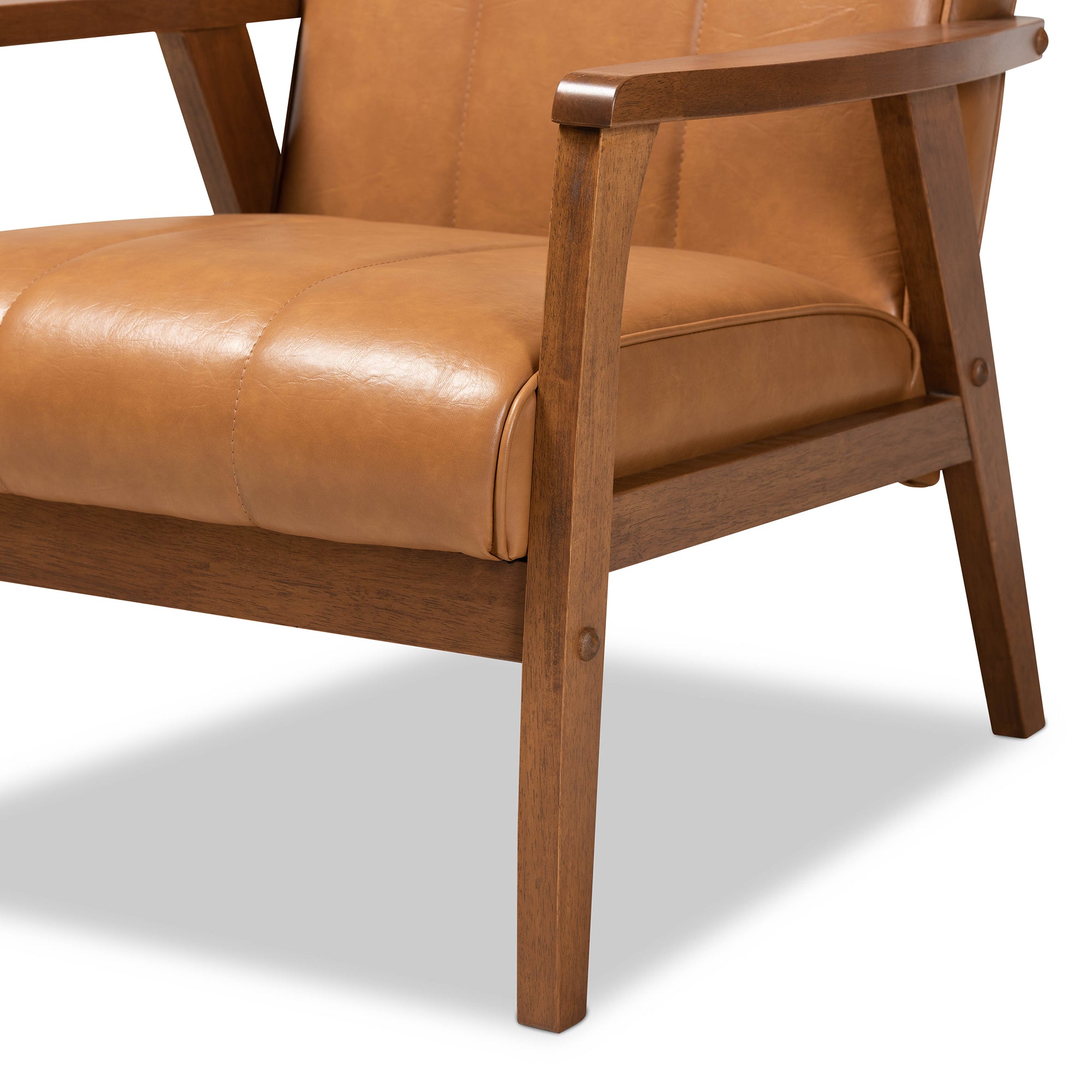 Nikko Mid-century Modern Tan Faux Leather Upholstered and Walnut Brown finished Wood Lounge Chair