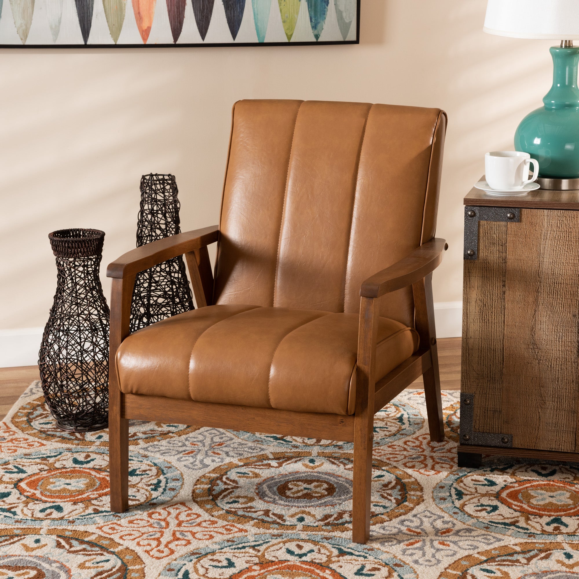 Nikko Mid-century Modern Tan Faux Leather Upholstered and Walnut Brown finished Wood Lounge Chair