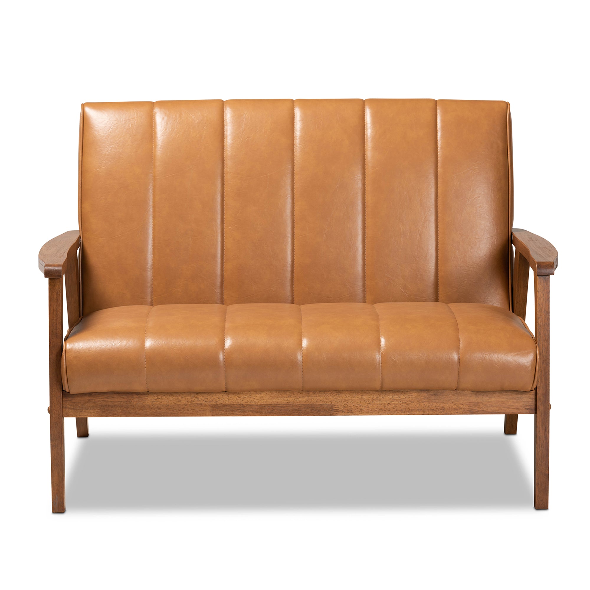 Nikko Mid-century Modern Tan Faux Leather Upholstered and Walnut Brown finished Wood Loveseat