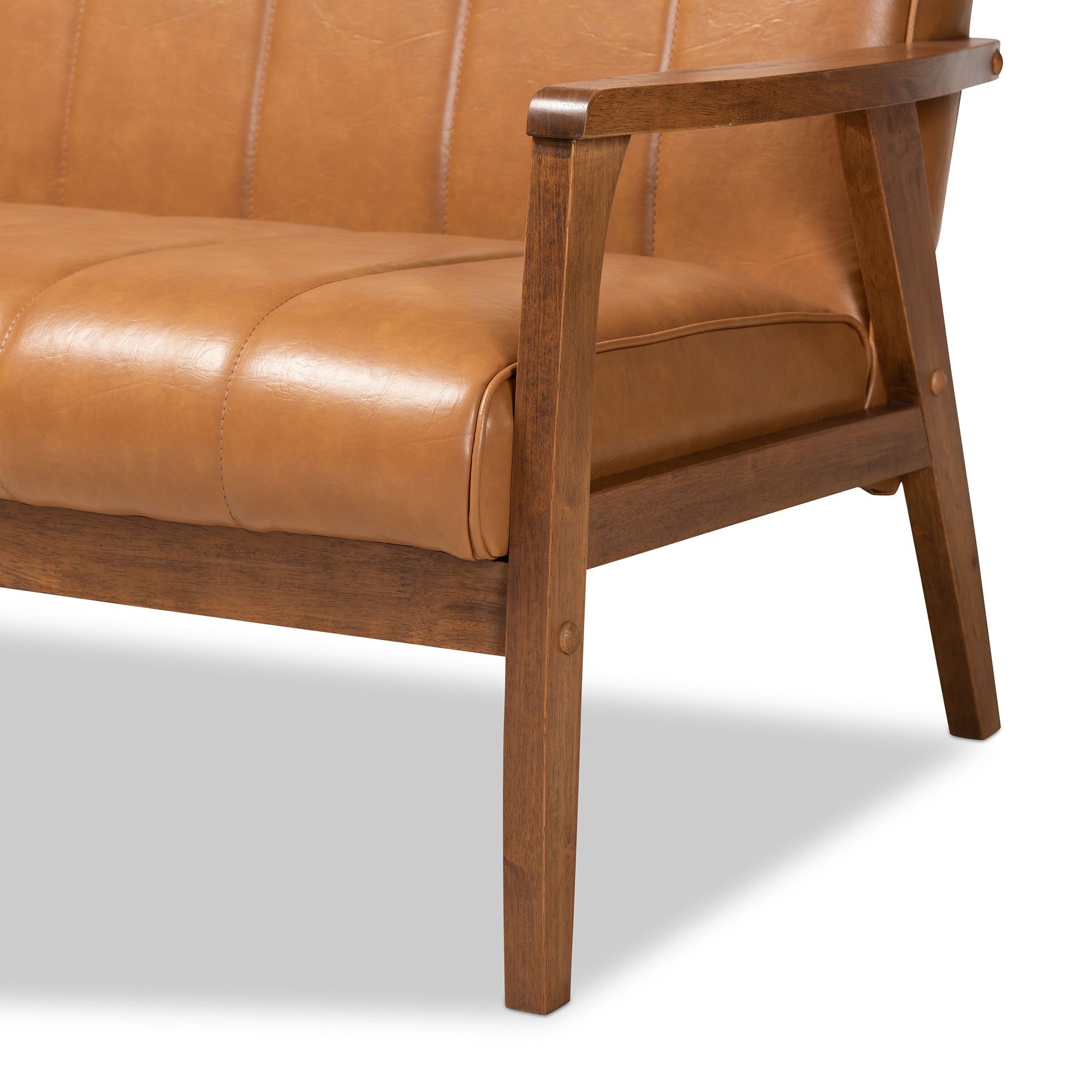 Nikko Mid-century Modern Tan Faux Leather Upholstered and Walnut Brown finished Wood Sofa