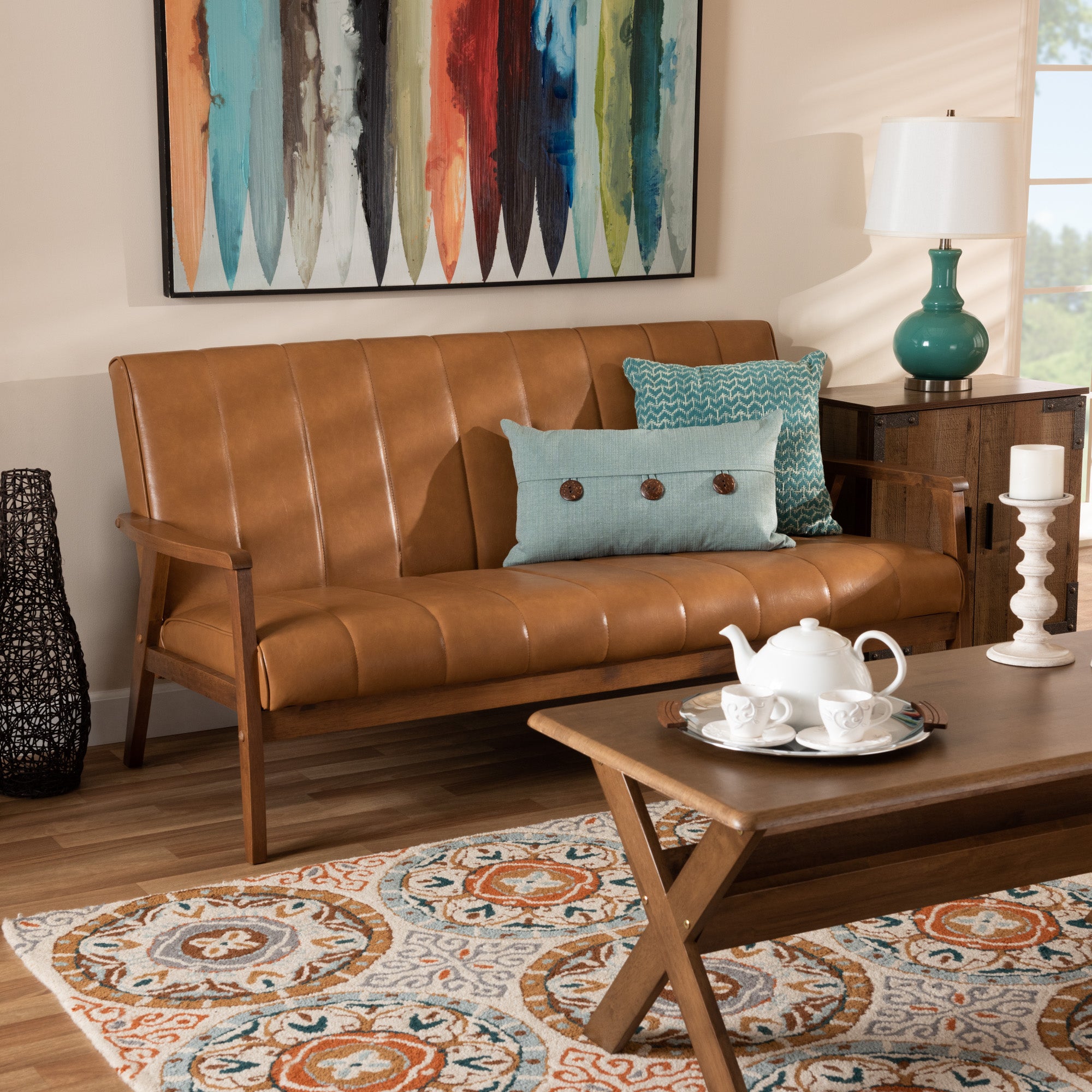 Nikko Mid-century Modern Tan Faux Leather Upholstered and Walnut Brown finished Wood Sofa