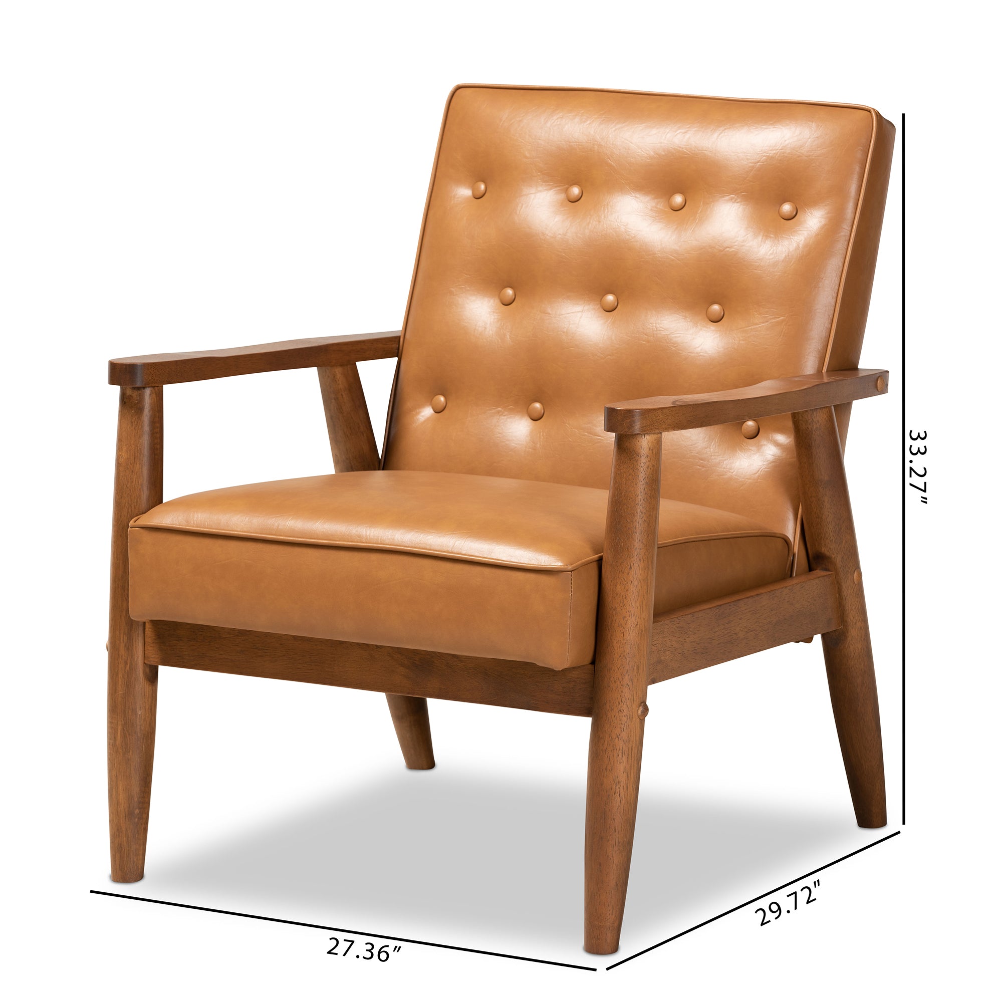 Sorrento Mid-Century Modern Tan Faux Leather Upholstered and Walnut Brown Finished Wood Lounge Chair