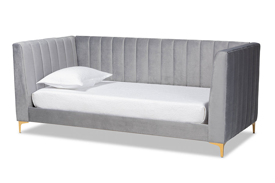 Oksana Twin Daybed Contemporary Light Grey Velvet & Gold Finish