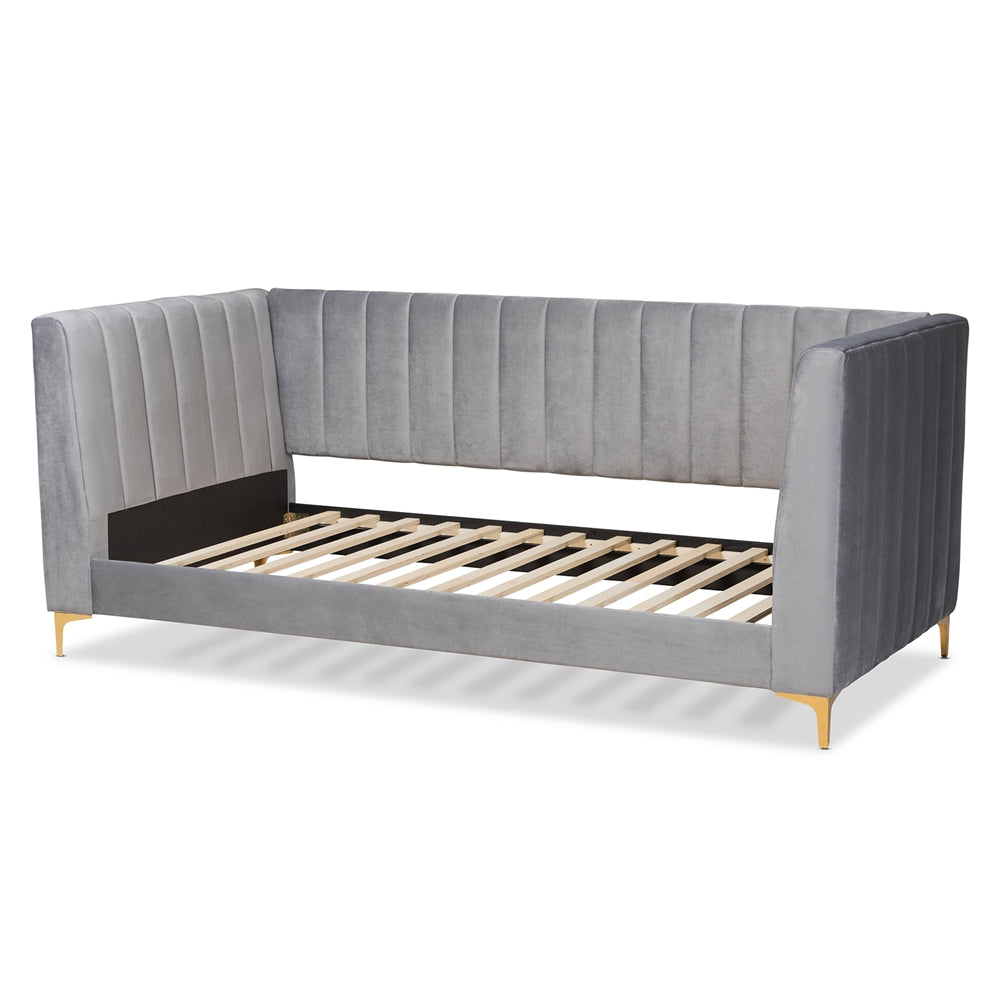 Oksana Twin Daybed Contemporary Light Grey Velvet & Gold Finish