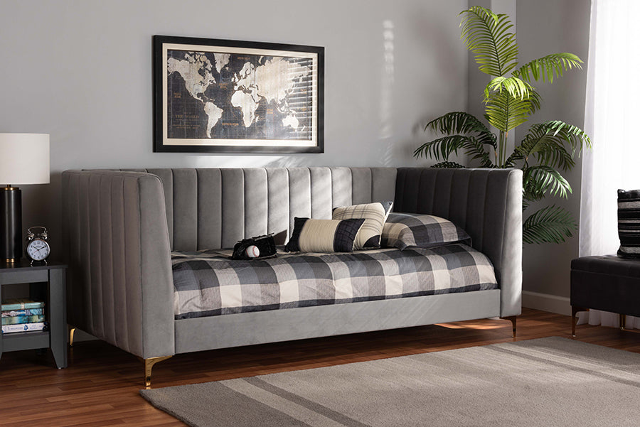 Oksana Twin Daybed Contemporary Light Grey Velvet & Gold Finish