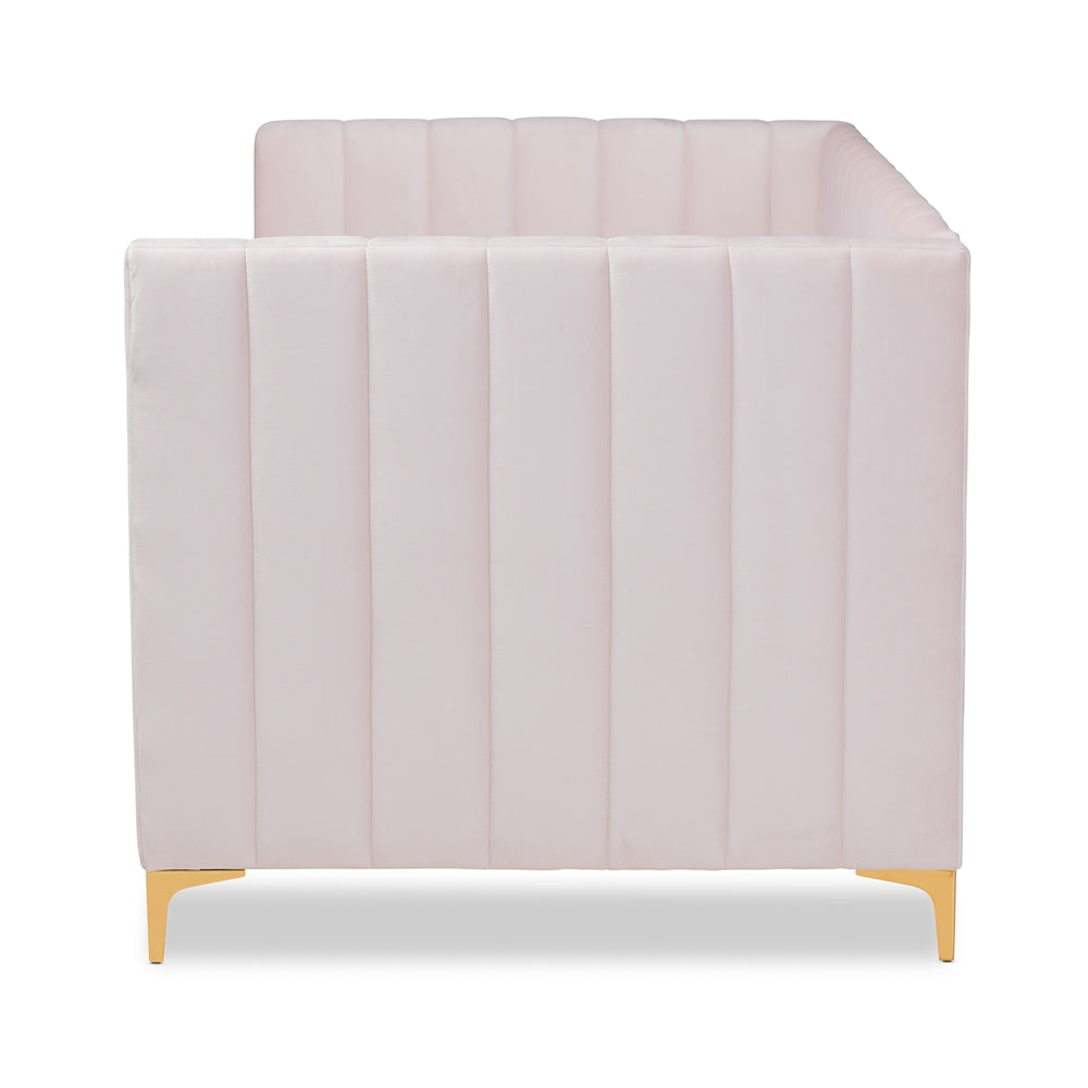 Oksana Modern Contemporary Light Pink Velvet Fabric Upholstered and Gold Finished Twin Size Daybed