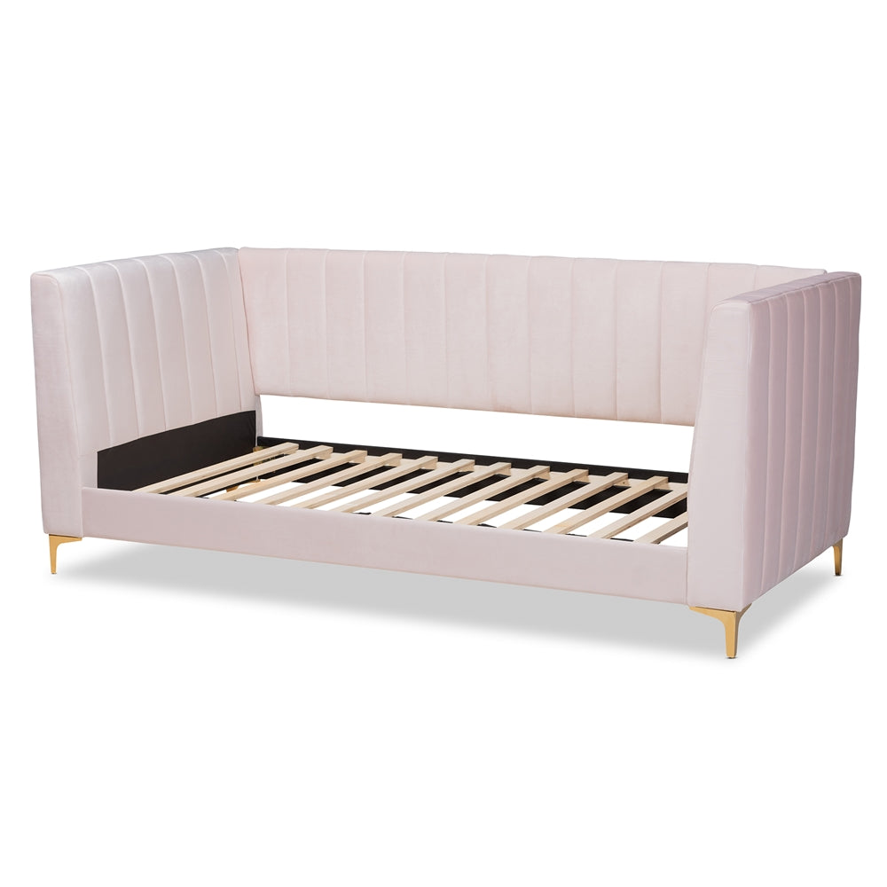 Oksana Modern Contemporary Light Pink Velvet Fabric Upholstered and Gold Finished Twin Size Daybed