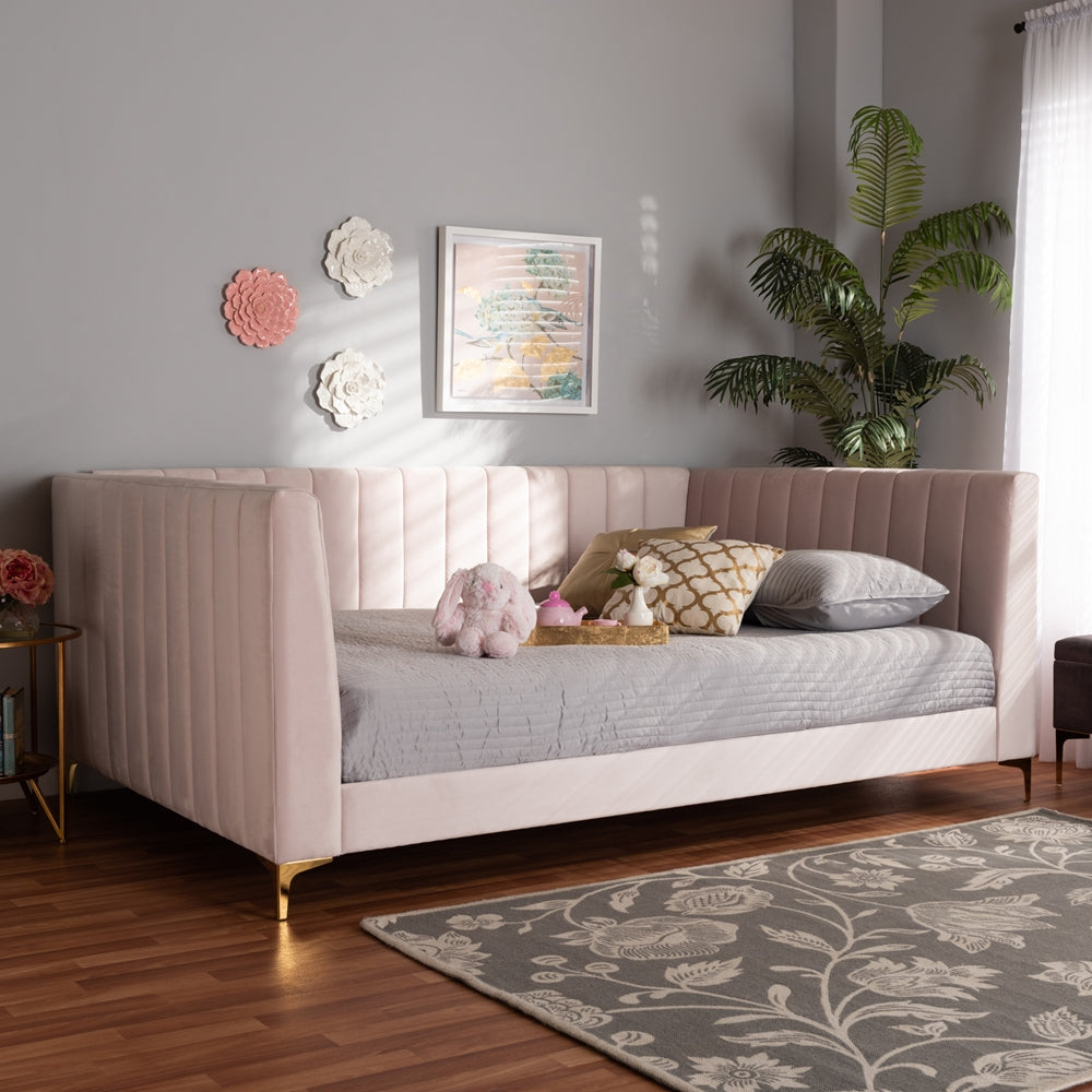 Oksana Queen Daybed Light Pink Velvet Gold Finish Modern