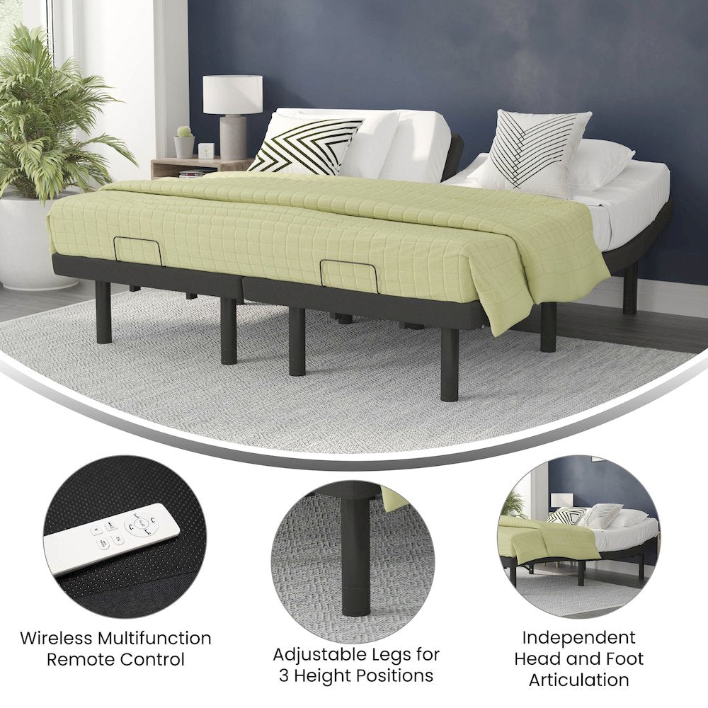 Jada EverRest Split King Black Adjustable Bed Base Ergonomic Upholstered Frame with Dual Motor