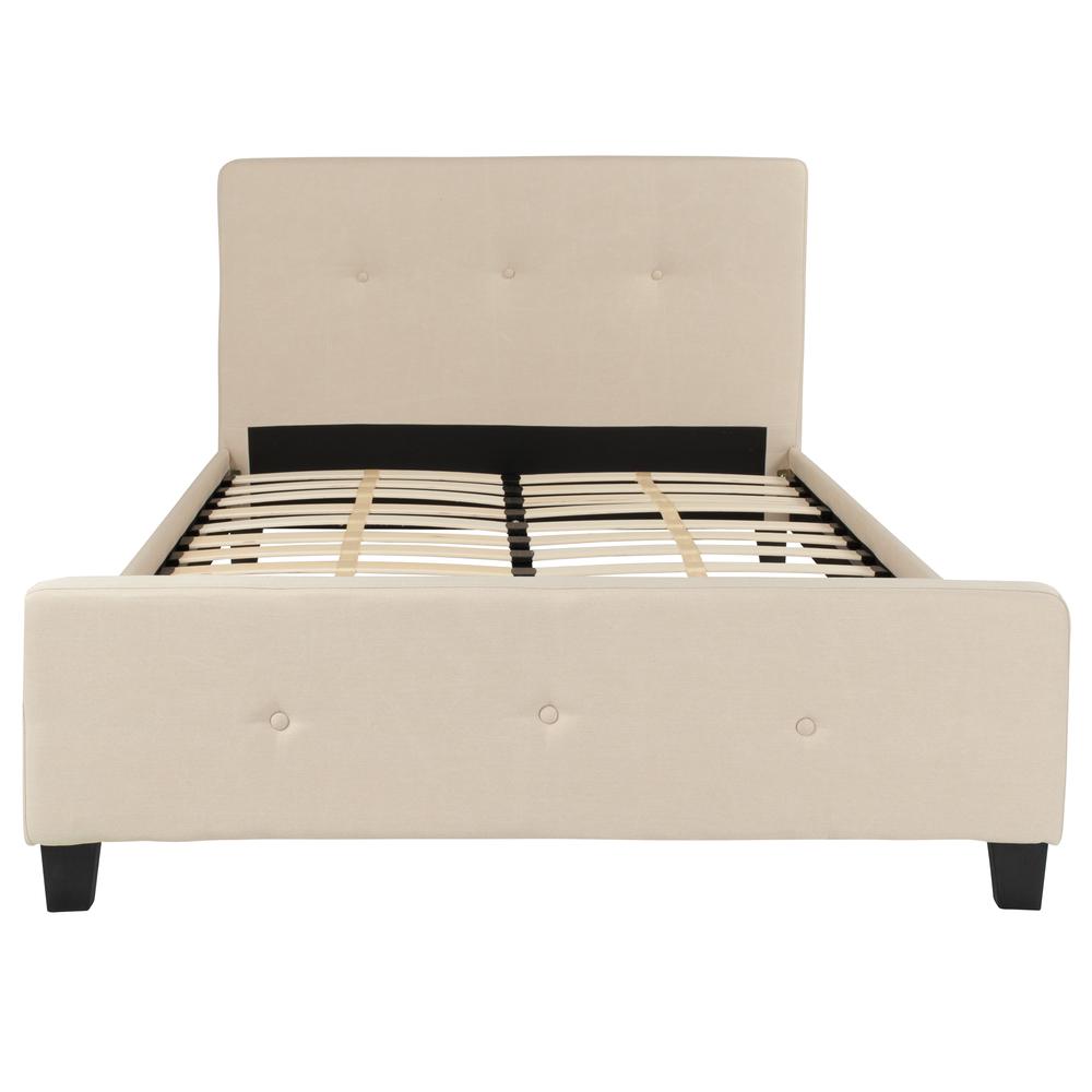 Karik Elsa Full Beige Fabric Upholstered Platform Bed – Tufted Headboard, Slat Support