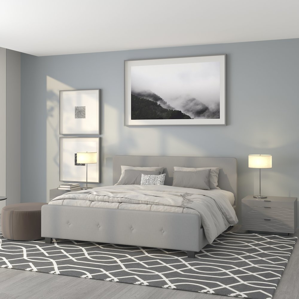 Tribeca King Size Tufted Upholstered Platform Bed in Light Grey Fabric