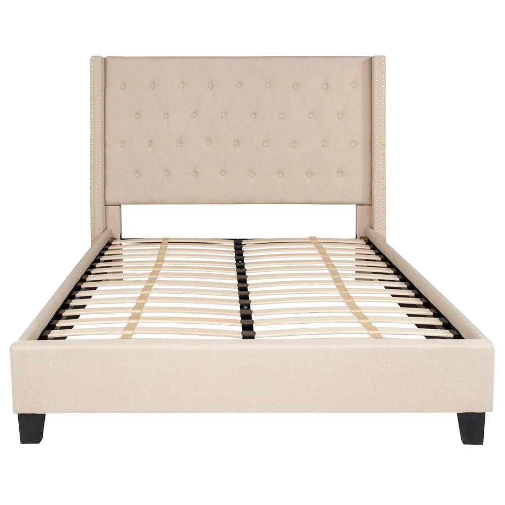 Sanji  Aurora Full Size Upholstered Platform Bed in Beige Fabric – Tufted Headboard, Slatted Base