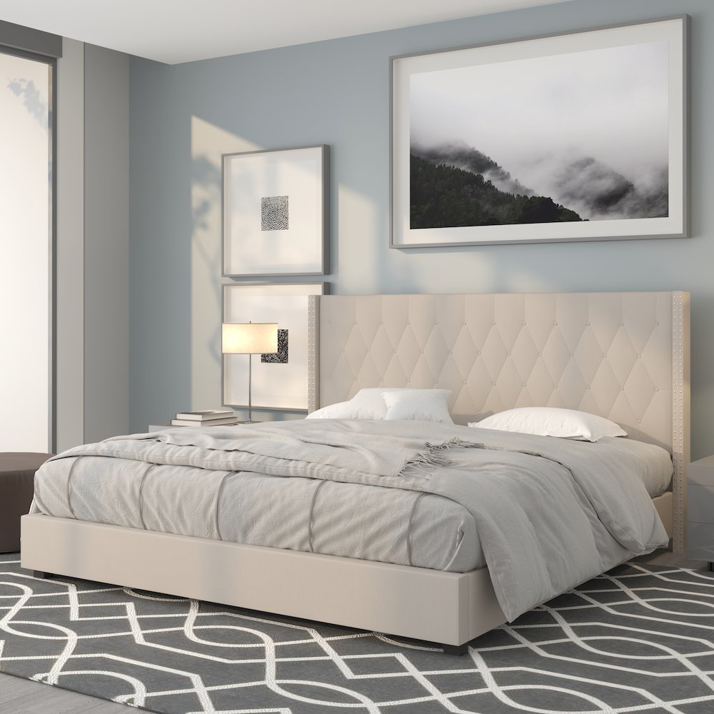 Riverdale King Size Tufted Upholstered Platform Bed in Beige Fabric