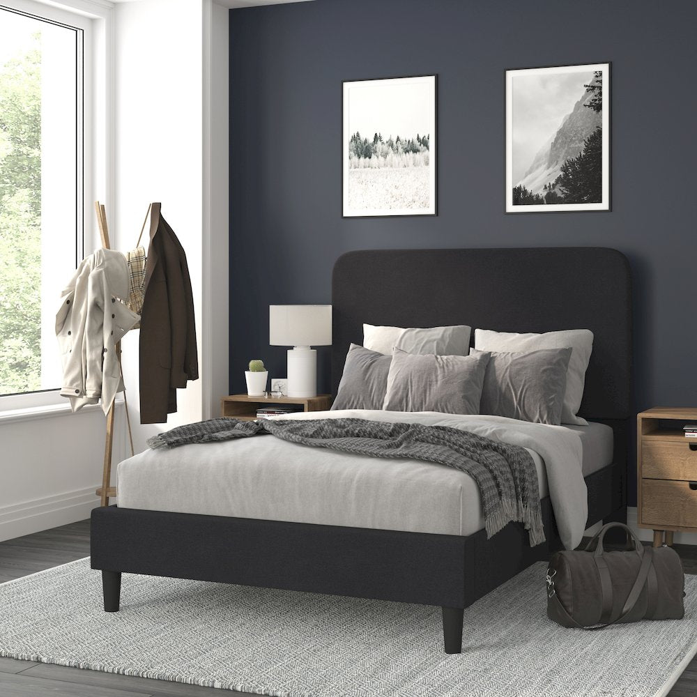 Charcoal Full Fabric Upholstered Platform Bed - Headboard with Rounded Edges