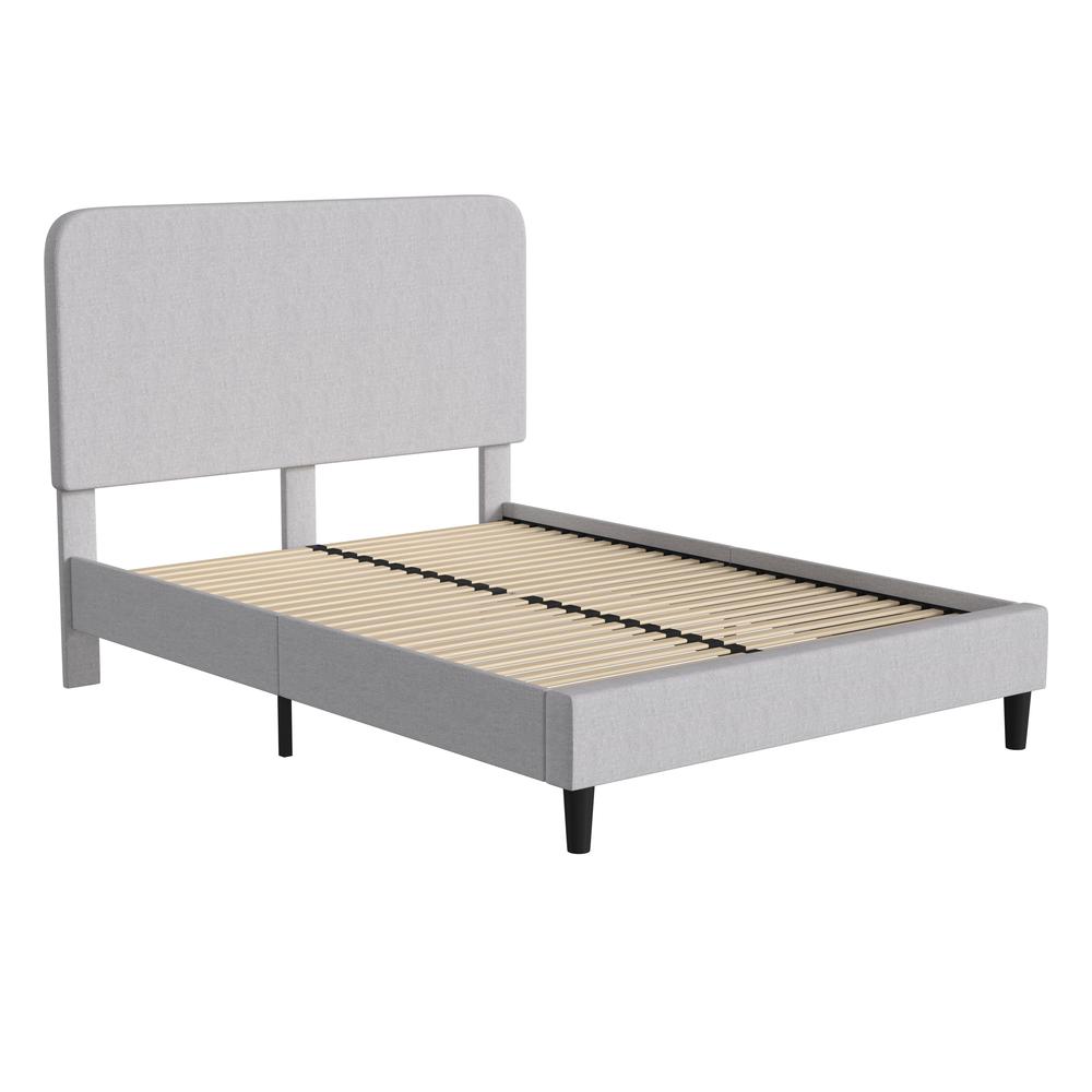 Light Grey Queen Fabric Upholstered Platform Bed - Headboard with Rounded Edges