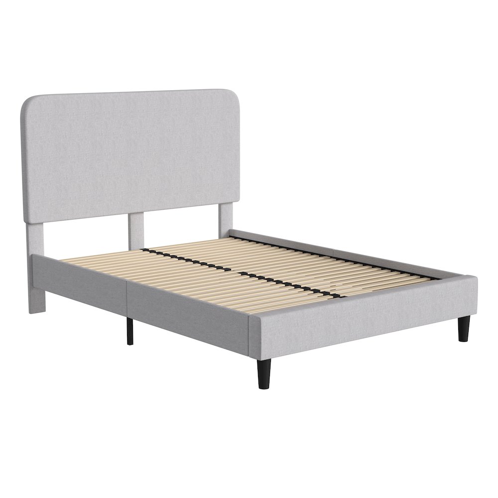 Light Grey Queen Fabric Upholstered Platform Bed - Headboard with Rounded Edges