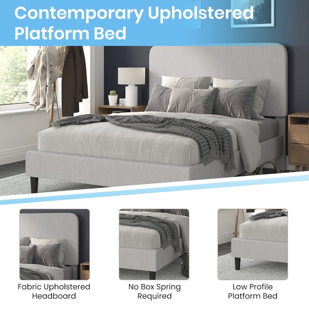 Light Grey Queen Fabric Upholstered Platform Bed - Headboard with Rounded Edges