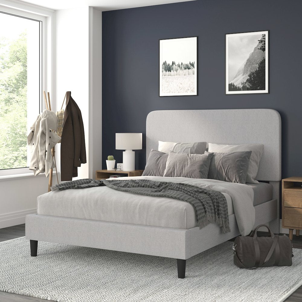 Light Grey Queen Fabric Upholstered Platform Bed - Headboard with Rounded Edges