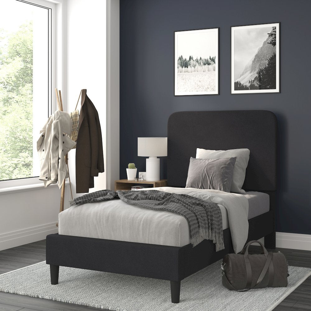 Addison Charcoal Twin Fabric Upholstered Platform Bed - Headboard with Rounded Edges - No Box Spring or Foundation Needed